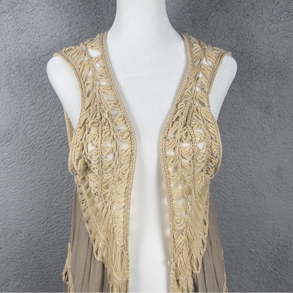 Umgee Cardigan Vest Womens Medium Brown Open Front Macrame Crochet Boho Long - Picture 2 of 7